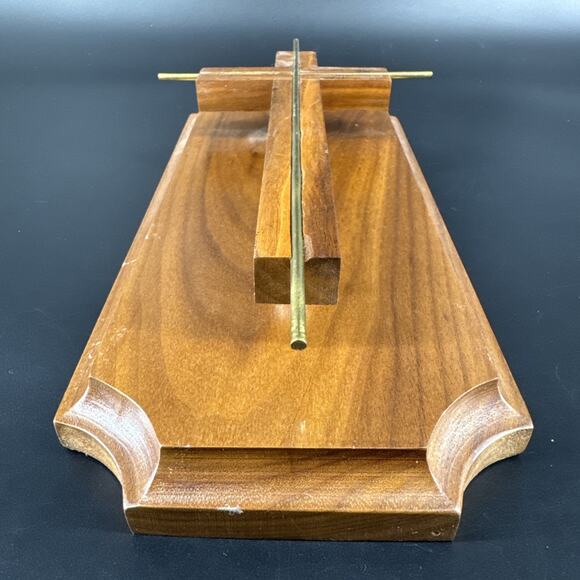 Vintage Cross Minimalist MCM Style Wood Brass Hanging Wall Plaque 11” - Picture 2 of 16